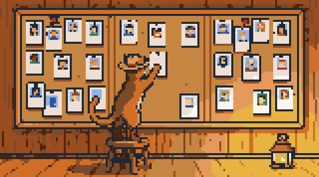 Pixel art: the Meowdy cat pins a card on a board where every card has one owner.